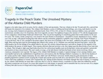 Essay on Tragedy in the Peach State: the Unsolved Mystery of the Atlanta Child Murders