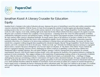 Essay on Jonathan Kozol: a Literary Crusader for Education Equity