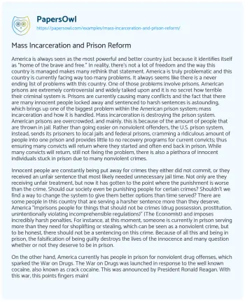 Essay on Mass Incarceration and Prison Reform