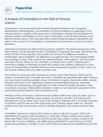 Essay on A Analysis of Criminalistics in the Field of Forensic Science