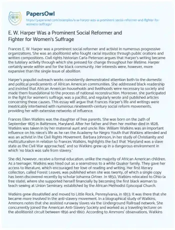 Essay on E. W. Harper was a Prominent Social Reformer and Fighter for Women’s Suffrage