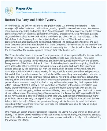 Essay on Boston Tea Party and British Tyranny