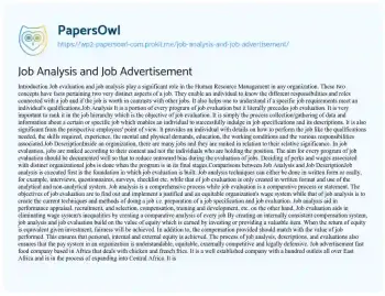 Essay on Job Analysis and Job Advertisement