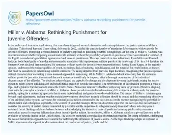 Essay on Miller V. Alabama: Rethinking Punishment for Juvenile Offenders