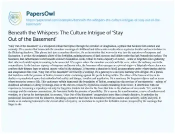 Essay on Beneath the Whispers: the Culture Intrigue of ‘Stay out of the Basement’