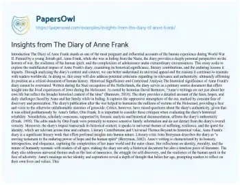 Essay on Insights from the Diary of Anne Frank