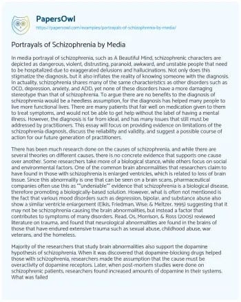 Essay on Portrayals of Schizophrenia by Media