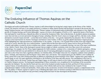 Essay on The Enduring Influence of Thomas Aquinas on the Catholic Church