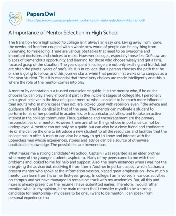 Essay on A Importance of Mentor Selection in High School