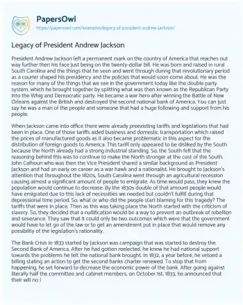 Essay on Legacy of President Andrew Jackson