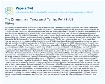 Essay on The Zimmermann Telegram: a Turning Point in US History