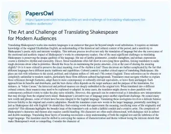 Essay on The Art and Challenge of Translating Shakespeare for Modern Audiences