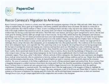 Essay on Rocco Corresca’s Migration to America