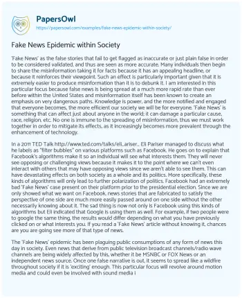 Essay on Fake News Epidemic Within Society