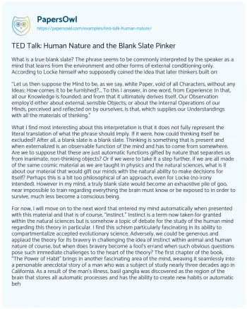 Essay on TED Talk: Human Nature and the Blank Slate Pinker