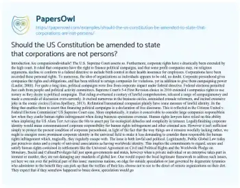 Essay on Should the US Constitution be Amended to State that Corporations are not Persons?