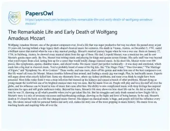 Essay on The Remarkable Life and Early Death of Wolfgang Amadeus Mozart