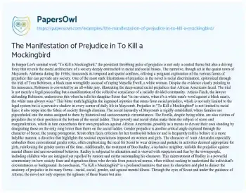 Essay on The Manifestation of Prejudice in to Kill a Mockingbird