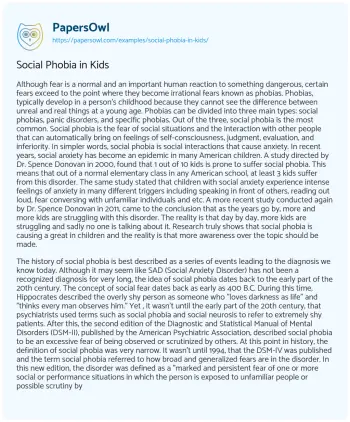 Essay on Social Phobia in Kids