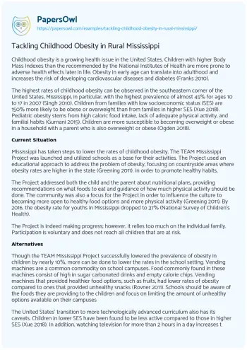 Essay on Tackling Childhood Obesity in Rural Mississippi