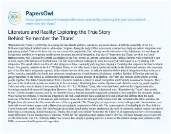 Essay on Literature and Reality: Exploring the True Story Behind ‘Remember the Titans’