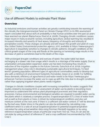 Essay on Use of Different Models to Estimate Plant Water