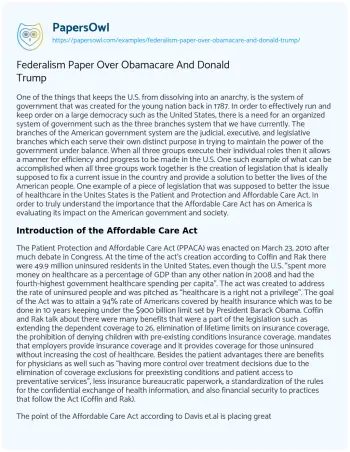 Essay on Federalism Paper over Obamacare and Donald Trump