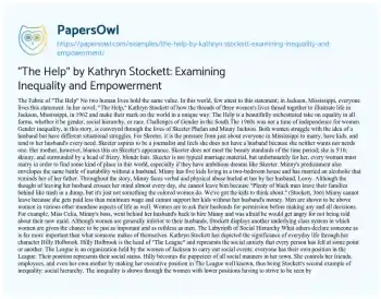 Essay on “The Help” by Kathryn Stockett: Examining Inequality and Empowerment