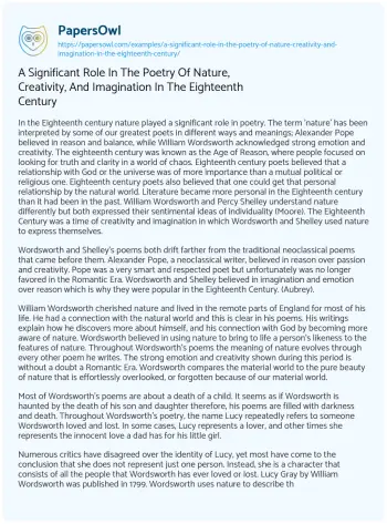 Essay on A Significant Role in the Poetry of Nature, Creativity, and Imagination in the Eighteenth Century