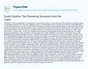 Essay on South Carolina: the Pioneering Secession from the Union