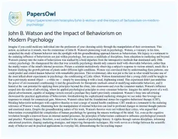 Essay on John B. Watson and the Impact of Behaviorism on Modern Psychology