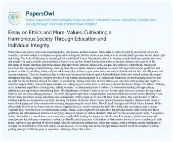 Essay on Essay on Ethics and Moral Values: Cultivating a Harmonious Society through Education and Individual Integrity