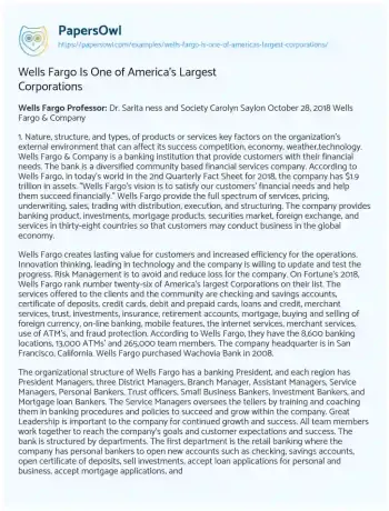 Essay on Wells Fargo is One of America’s Largest Corporations