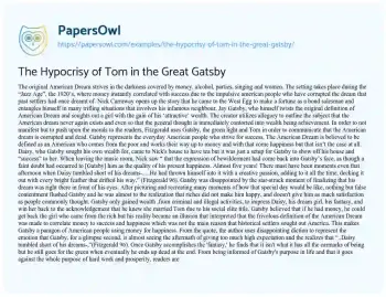 Essay on The Hypocrisy of Tom in the Great Gatsby