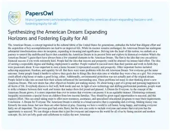 Essay on Synthesizing the American Dream: Expanding Horizons and Fostering Equity for all