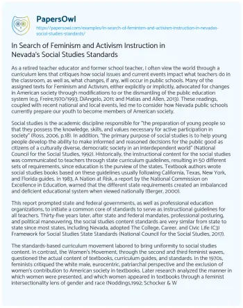 Essay on In Search of Feminism and Activism Instruction in Nevada’s Social Studies Standards