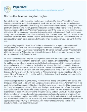 Essay on Discuss the Reasons Langston Hughes