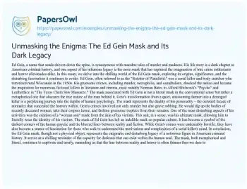 Essay on Unmasking the Enigma: the Ed Gein Mask and its Dark Legacy