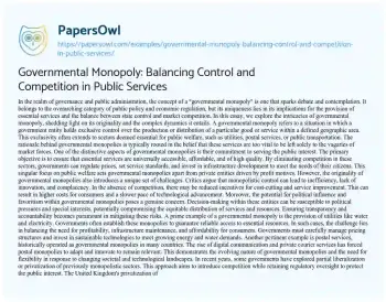 Essay on Governmental Monopoly: Balancing Control and Competition in Public Services