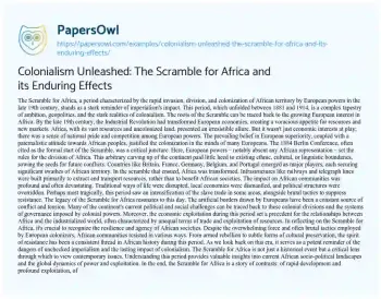 Essay on Colonialism Unleashed: the Scramble for Africa and its Enduring Effects