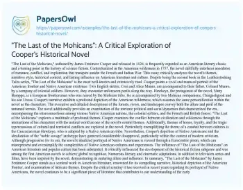 Essay on “The Last of the Mohicans”: a Critical Exploration of Cooper’s Historical Novel