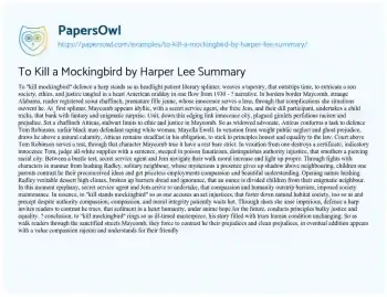 Essay on To Kill a Mockingbird by Harper Lee Summary