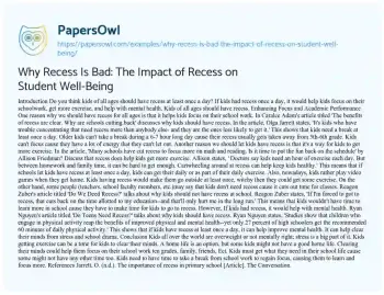 Essay on Why Recess is Bad: the Impact of Recess on Student Well-Being