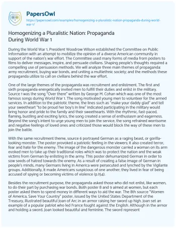 Essay on Homogenizing a Pluralistic Nation: Propaganda during World War 1