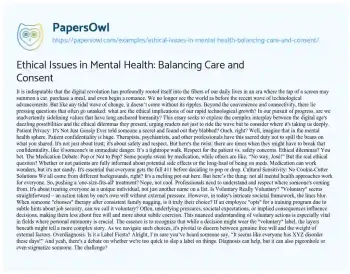 Essay on Ethical Issues in Mental Health: Balancing Care and Consent