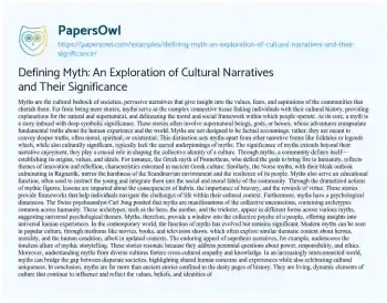 Essay on Defining Myth: an Exploration of Cultural Narratives and their Significance