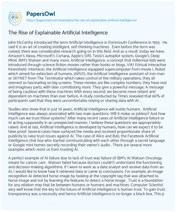 Essay on The Rise of Explainable Artificial Intelligence