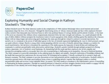 Essay on Exploring Humanity and Social Change in Kathryn Stockett’s ‘The Help’