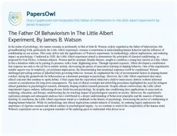 Essay on The Father of Behaviorism in the Little Albert Experiment, by James B. Watson