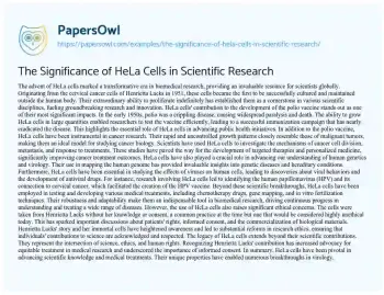 Essay on The Significance of HeLa Cells in Scientific Research